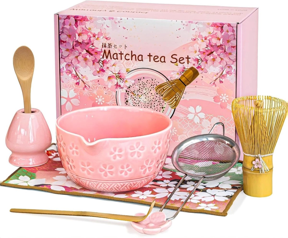 Set - 8 stuks Matcha bezem theeset matcha-schaal met schenktuit, bamboe matcha whisk, schep, zeef, matcha-bezemhouder, matcha starterset accessoires met theehanddoek (8, roze)