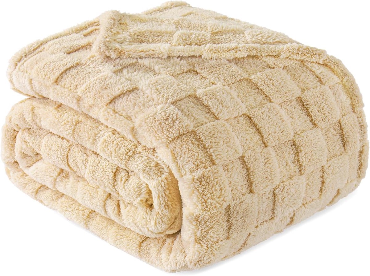 Mezcla eenpersoons flanellen fleece deken, super zachte en warme lichtgewicht geruite dekens voor alle seizoenen, 152 x 203 cm, beige