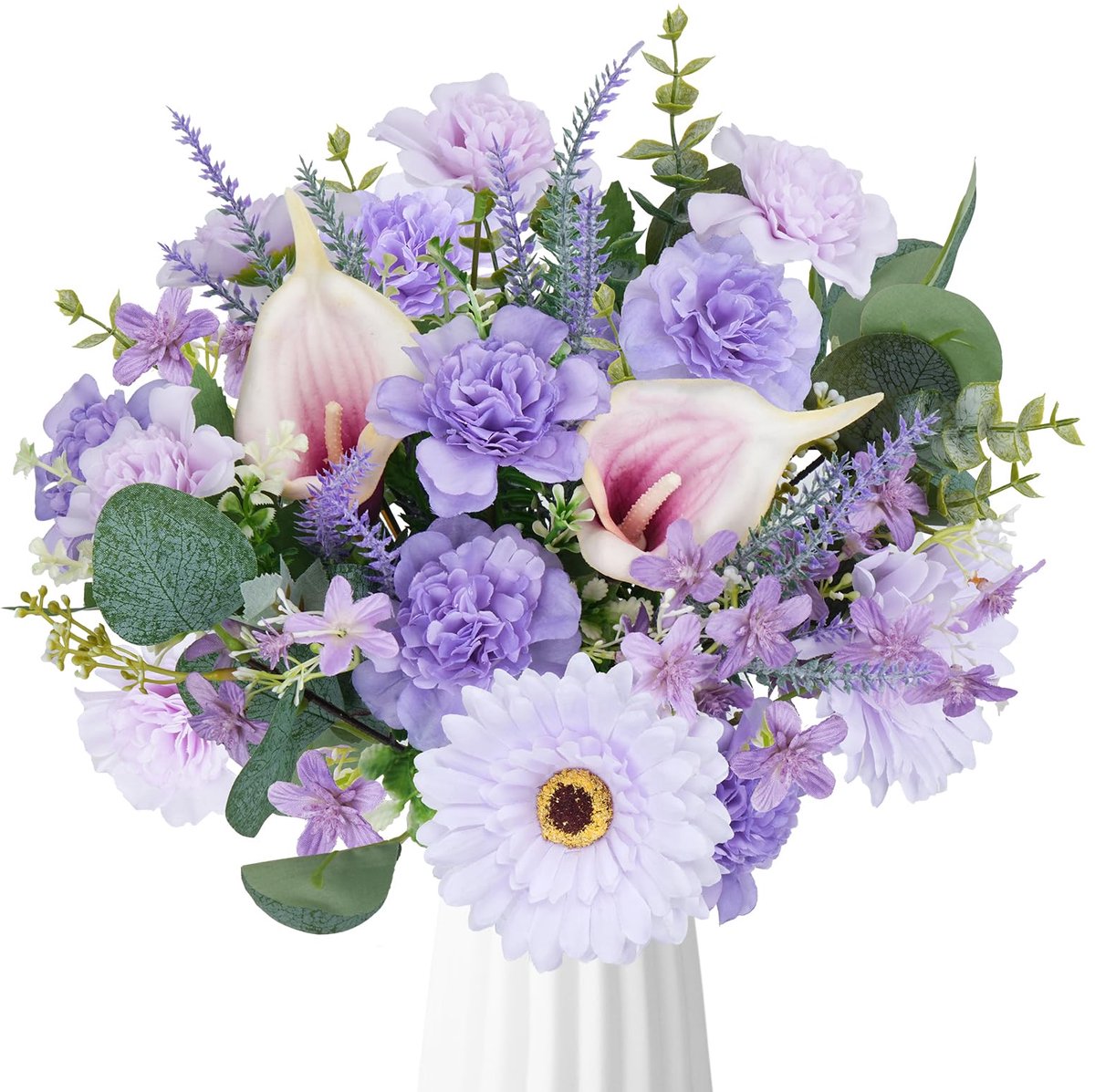Kunstboeket van calla, lavendel, lila en eucalyptus
