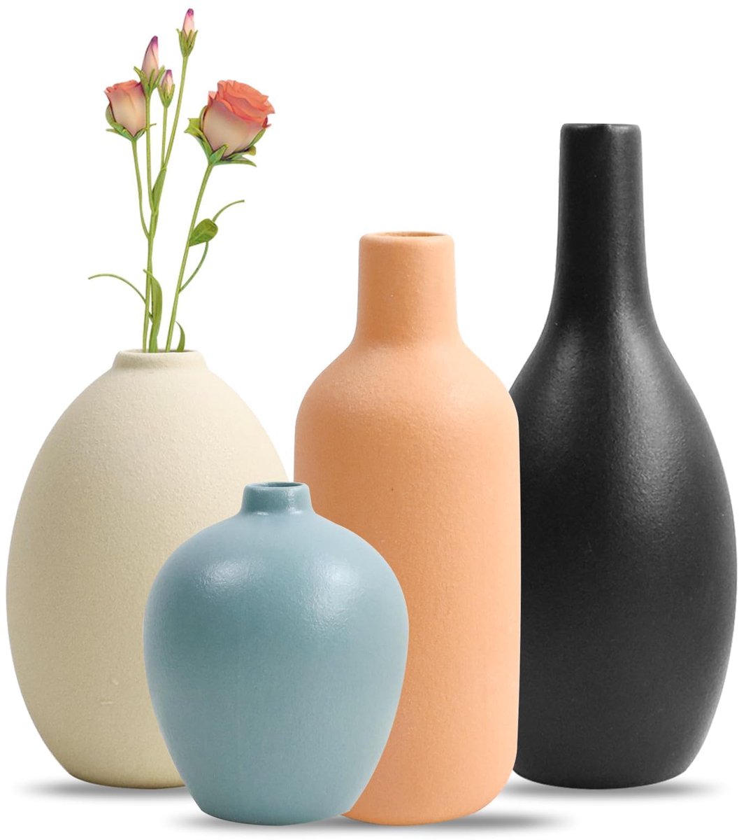 4 stuks keramische vazen, kleurrijke keramische vazen, kleine vazen, moderne boerderij, rustieke vazen voor woondecoratie, kantoor, boekenkast, salontafeldecoratie (veelkleurig)
