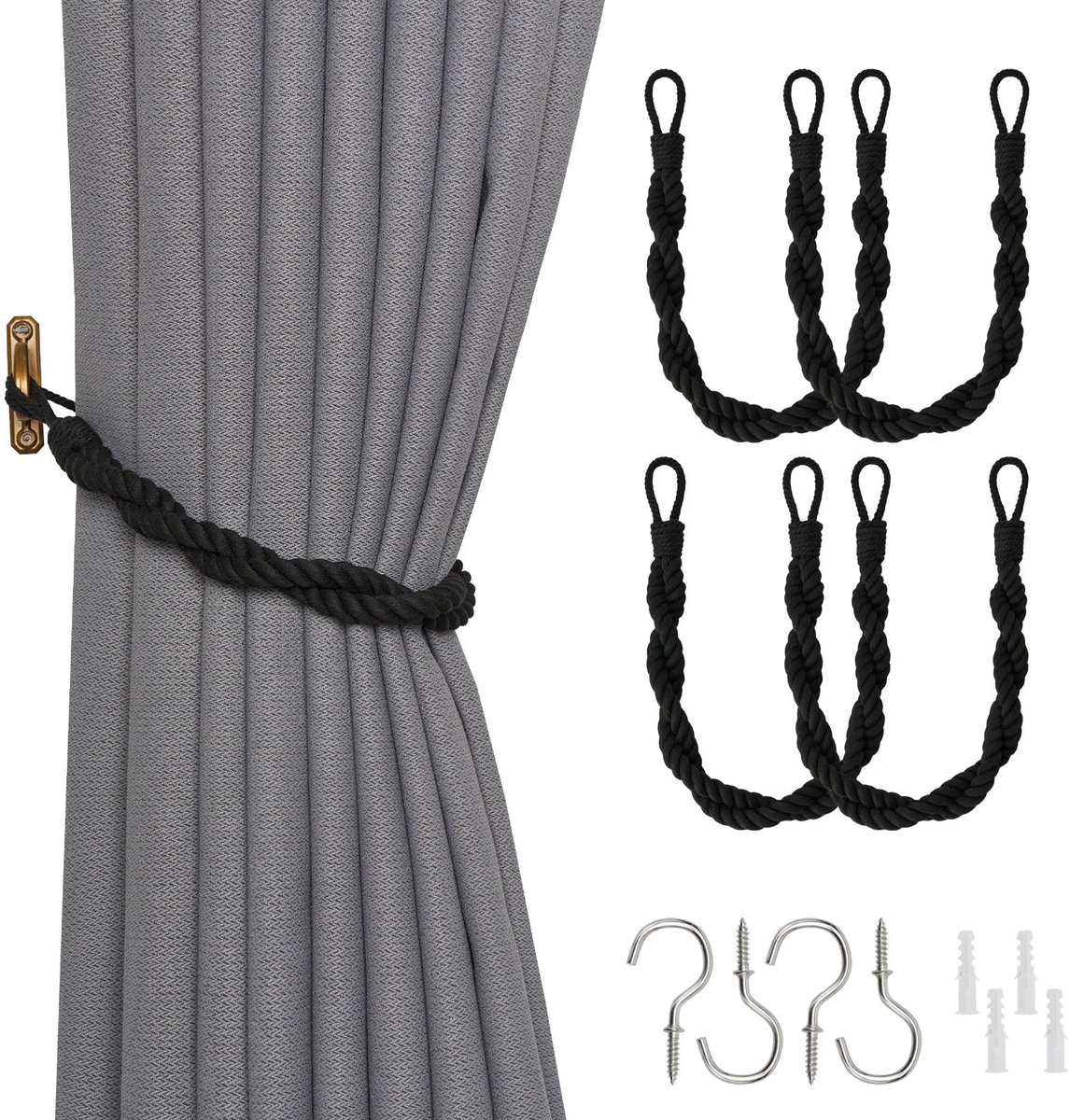 Jolly 4 stuks natuurlijk katoenen touwgordijnbinders, elegante boho-stijl, decor draperen stropdasruggen, zacht, handgeweven dubbel touw gordijnhouders met metalen haak voor thuis en op kantoor