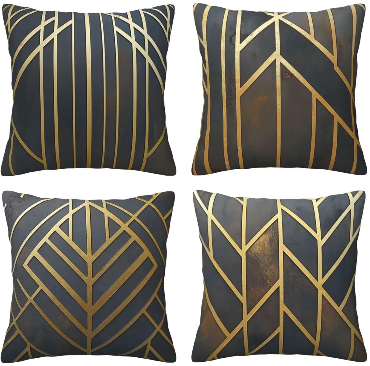Kussenslopen van 65 x 65 cm, set van 4 stuks, zachte fluwelen kussenslopen met onzichtbare rits, voor slaapbank, thuis, terras, buitendecoratie, gouden lijnen, set van 4 kussenslopen 26 x 26 inch