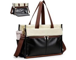 Lunchtas voor dames, 15,6 inch laptoptas, met geïsoleerd lunchvak, 2-in-1 zakelijke tas, met gekoeld vak, waterdichte werktas, geschikt voor op kantoor, school en leraren (zwart en wit)