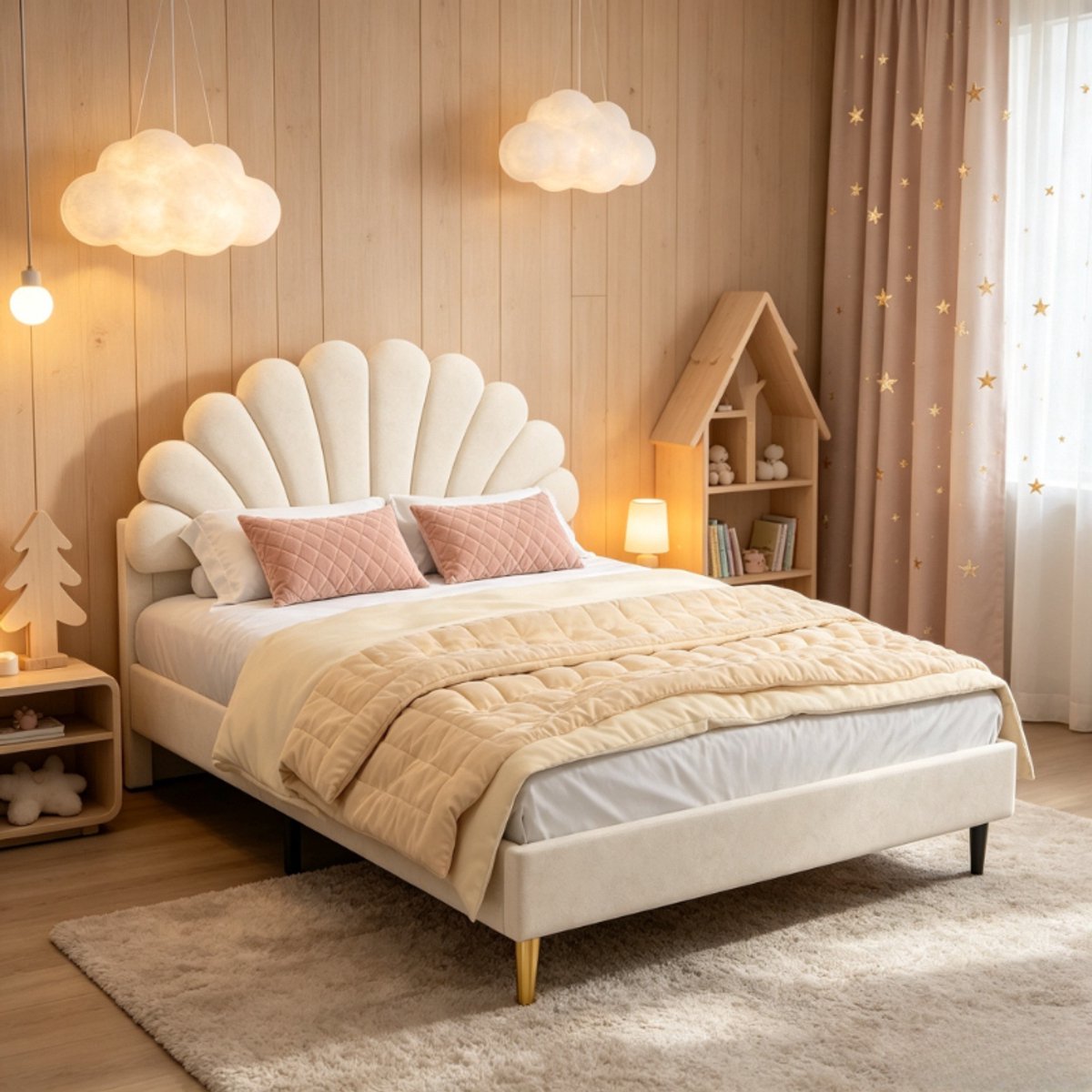 Kinderbed 90x200 cm, eenpersoonsbed met bloem hoofdbord, junior bed, kinderbedframe, kindermeubels, fluweel beige, zonder matras