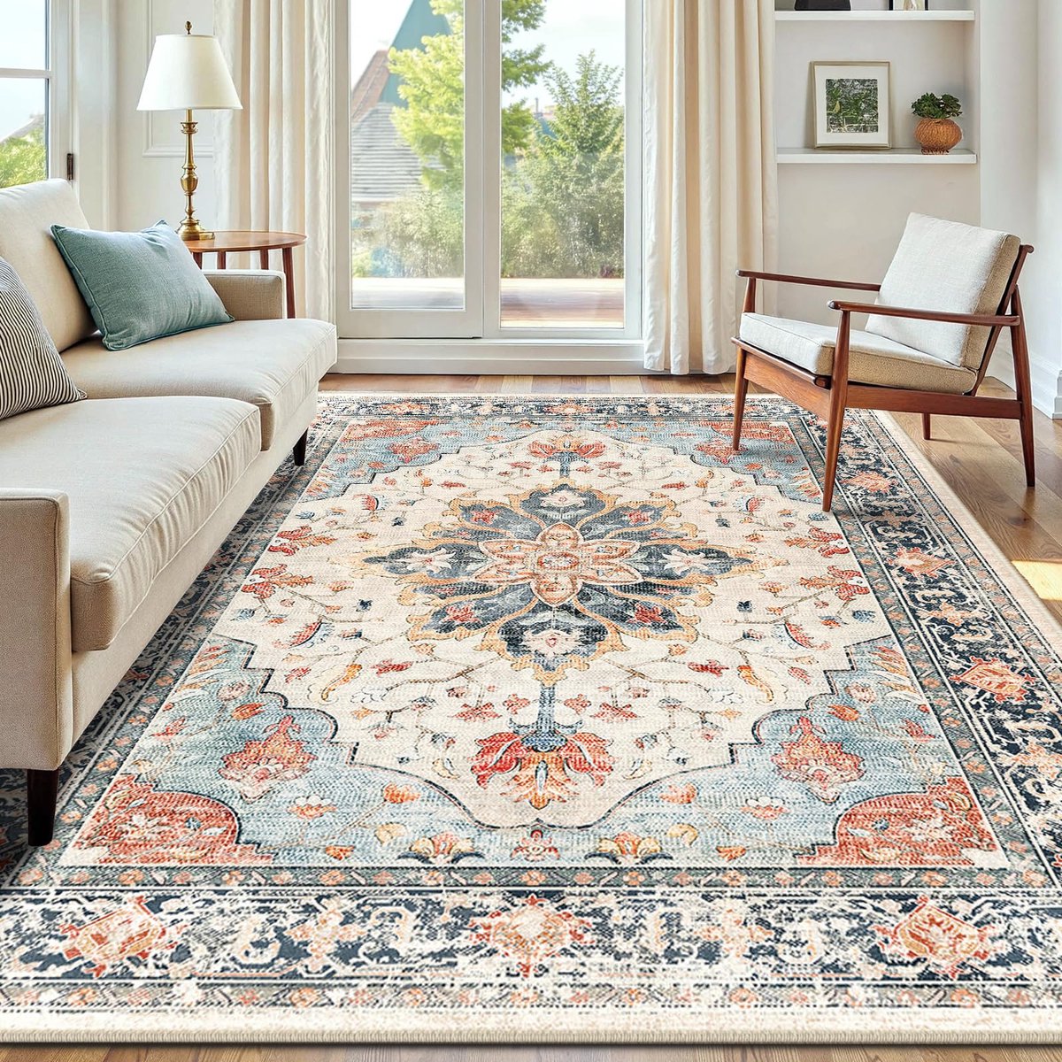 Machinewasbare Tapijten 180x270 cm Vintage Boho Vloerkleed Laagpolig Antislip Tapijt met Print Patroon voor Woonkamer Slaapkamer Huiskontoor Binnenhuis Beige/Blauw/Oranje