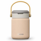 Een beige food jar met grijze deksel, witte accenten en gele lus, geïsoleerd op een witte achtergrond.