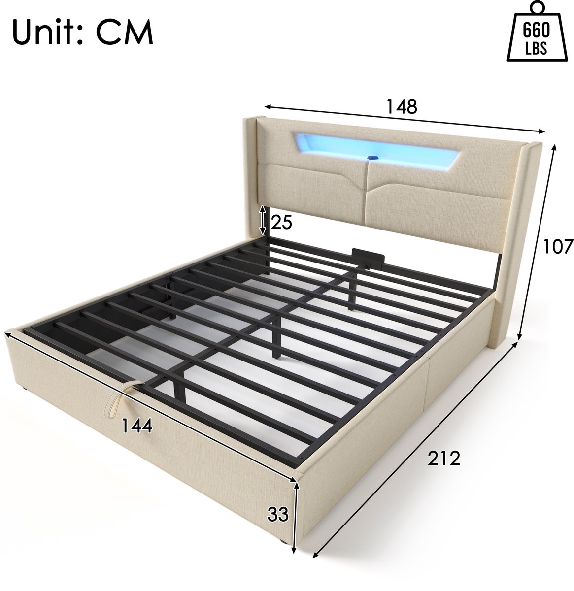 Gestoffeerd tweepersoonsbed 140x200 cm - Met LED-verlichting, USB Type-C-oplaadfunctie en LED-verlichting, opbergbed, bedframe van linnen, lattenbodem - Beige (Inclusief matras)