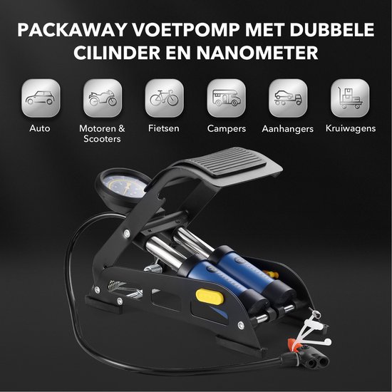Packaway Professionele Voetpomp Fietspomp - Dubbele cilinder - Manometer tot 8 bar - Metaal - Zwart Blauw — afbeelding 4