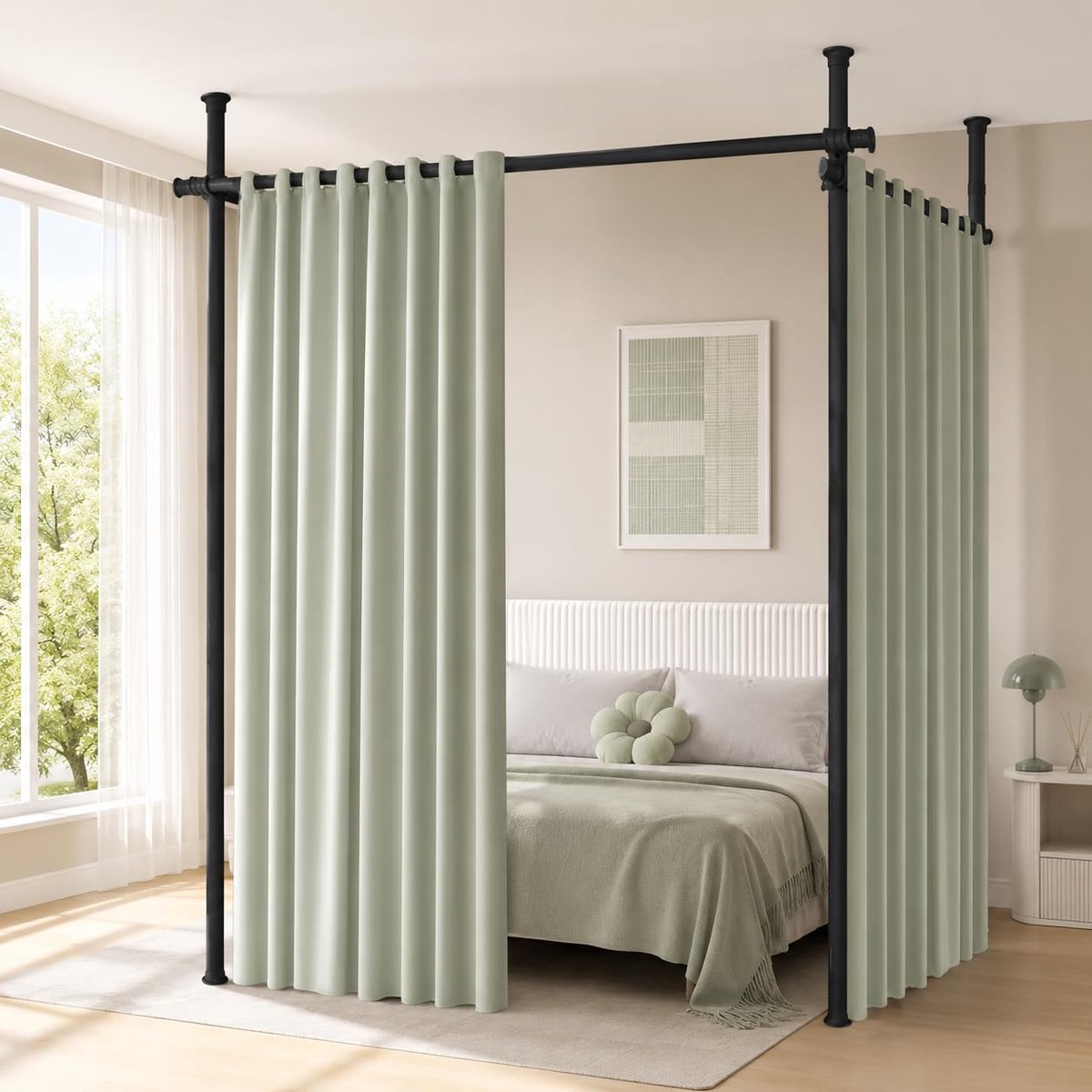 Gordijnroede, vrijstaand ruimteverdeler, scherm zonder gordijn, inkijkbescherming voor woonkamer, slaapkamer of kantoor, 280 cm x 317 cm (b x h), zwart