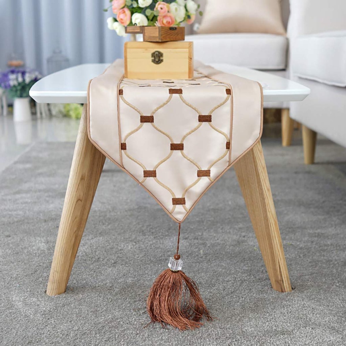 Tafelloper Unieke Hand Geknoopt Decoratieve Frin, Tafelloper Perfect voor Rustieke Bruiloften, Thuis Tafelloper, beige, Blauw, 30 * 180/200cm