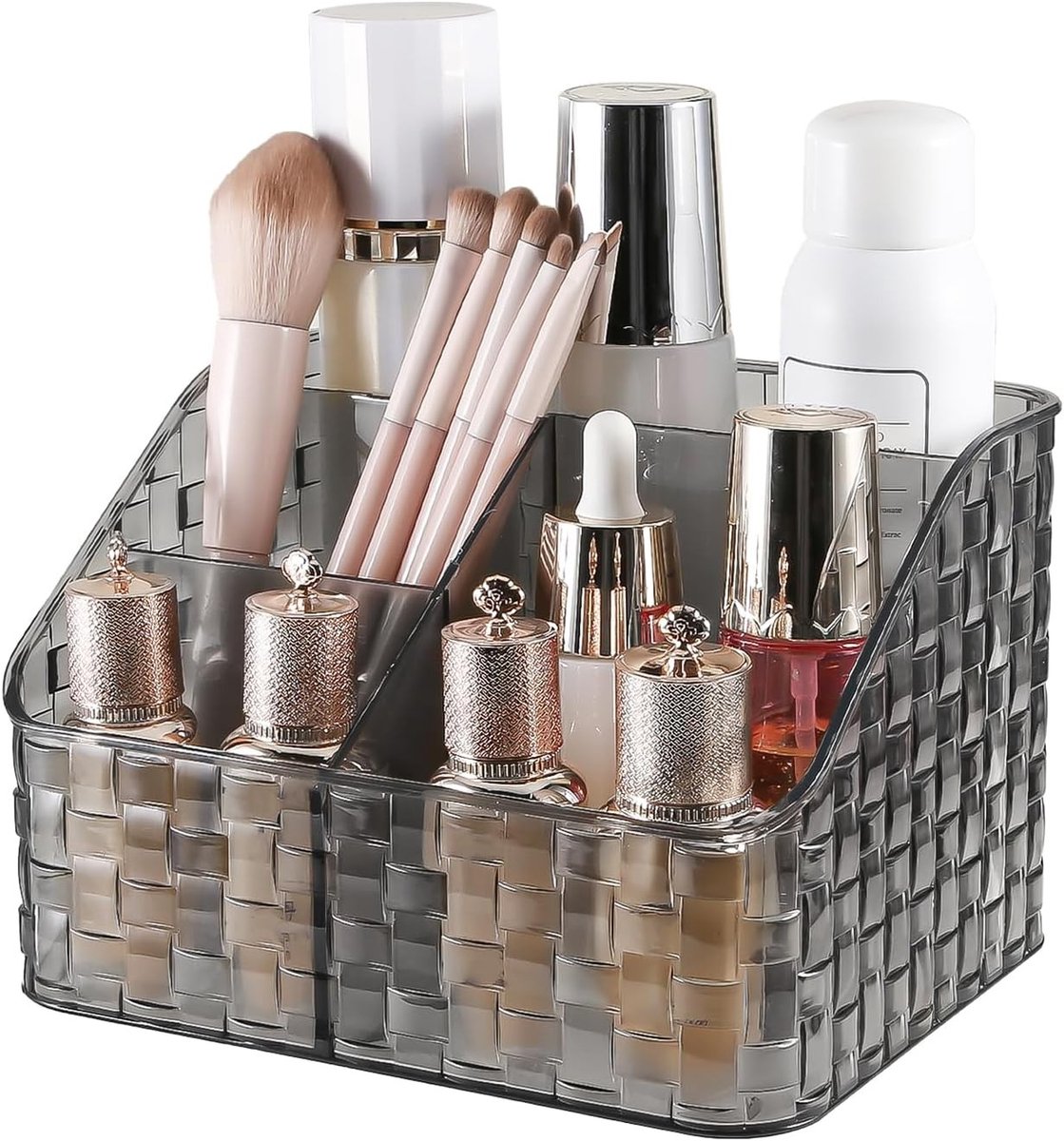 Make-up borstelhouder organizer met 4 sleuven van acryl, stijlvolle opbergbeker voor cosmetica, ideaal voor badkamer en bureau, praktische pennenhouder met geweven textuur