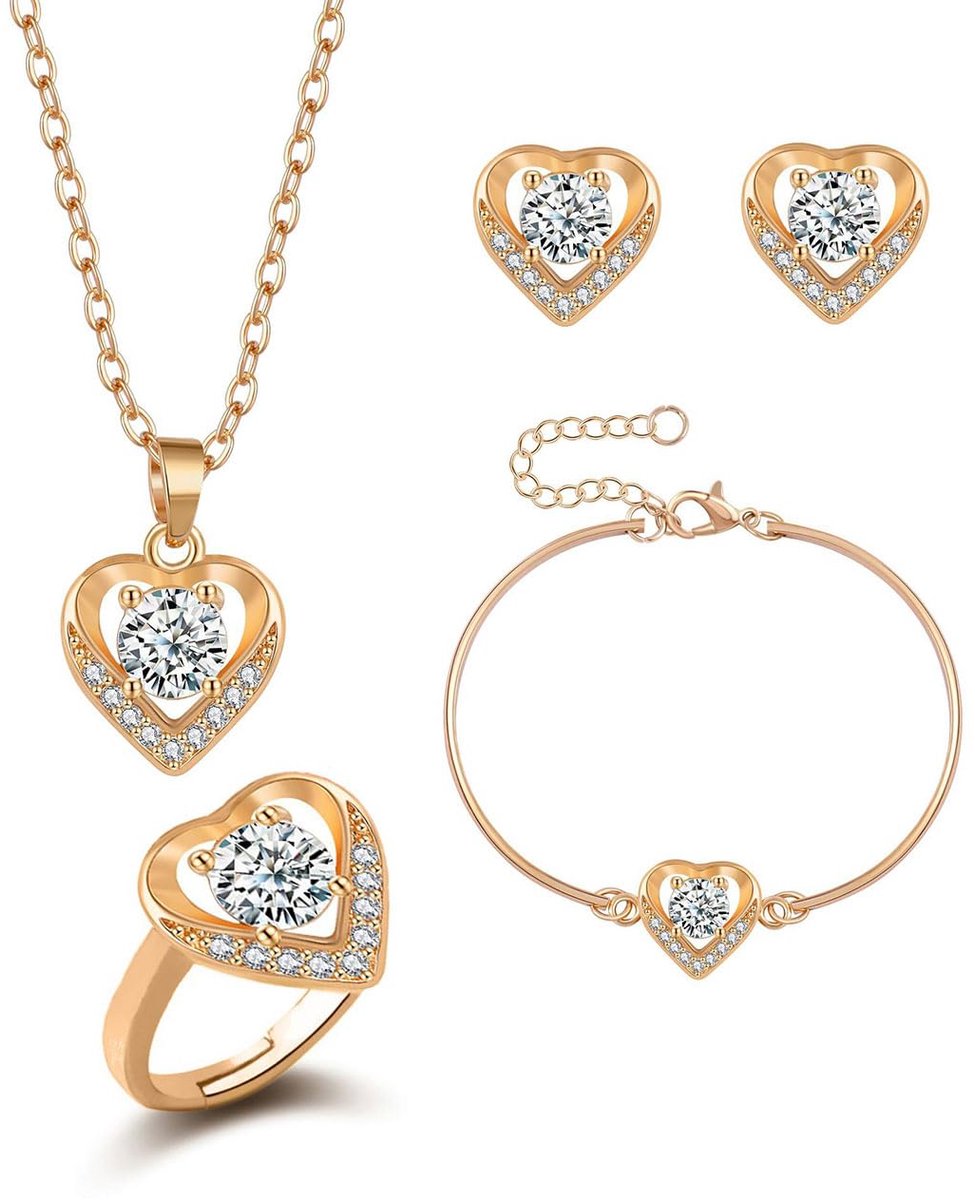 Sieradensets dames, 4-delige sieradenset hart hanger ketting armband ring oorbel set zirkonia glanzend, hart kettingen verstelbare lengte sieraden vrouwen meisjes, goud