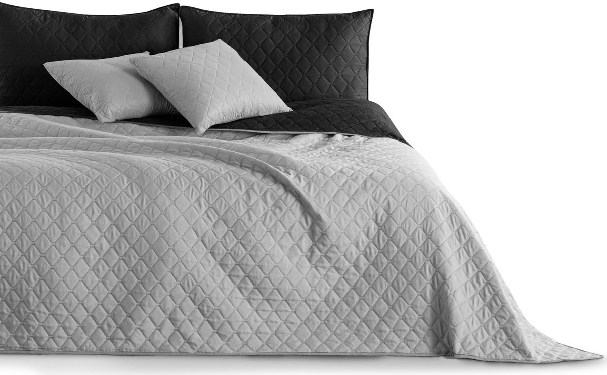 Sprei 240 x 260 cm zwart staal zilver antraciet grijs sprei tweezijdig stiksel black silver Axel