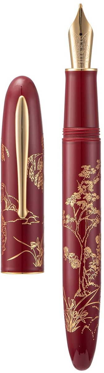 Dailygoods - Hongdian N23 Rode Konijn Vulpen, Lange Blade Medium Nib Gouden Trim, Nieuwjaar Gelukkig Konijn Carving Design, Gladde Schrijfpen met Converter en Metalen Pen Box Set