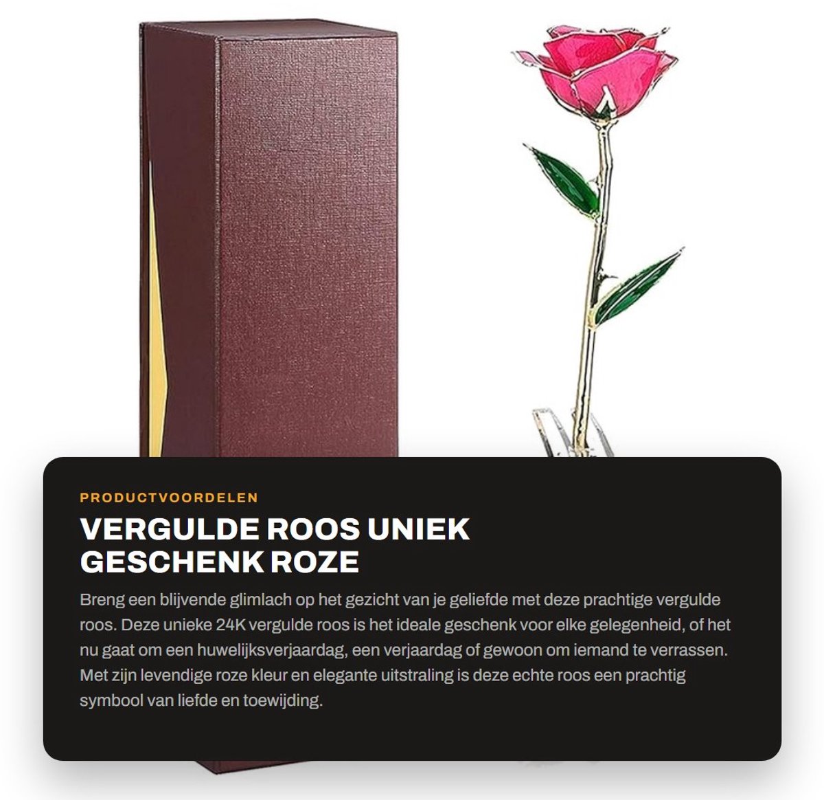 Dailygoods- Vergulde Roos 24K - Echte Roos met Hars - Uniek Geschenk - Voor Huwelijksverjaardag - Roze Roos met Basis - Eeuwige Liefde - Gouden Roos