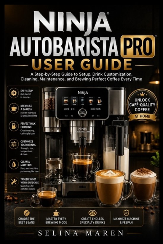 Gebruikershandleiding voor de Ninja AutoBarista Pro met afbeeldingen van koffiedrankjes en functies zoals "Easy Setup" en "Brew Like a Barista".