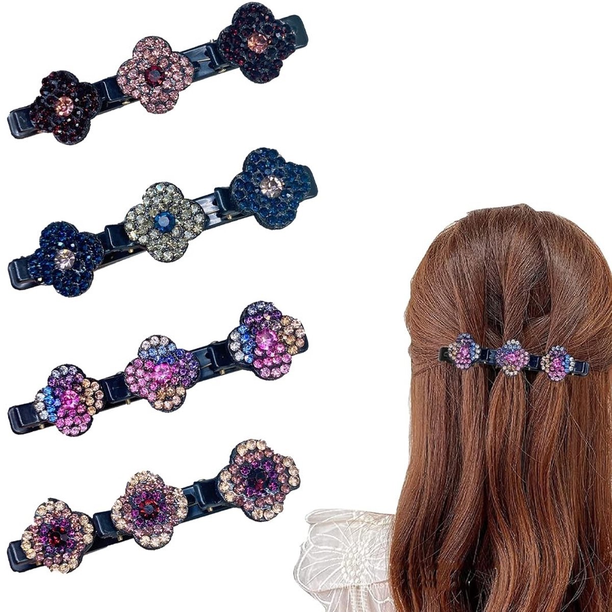 Dailygoods- Haarspelden 4 Stuks - Klaverblad Haarspelden - Strass Haarspelden - Kleurrijke Haaraccessoires - Fonkelende Kristallen - Delicate Ontwerpen