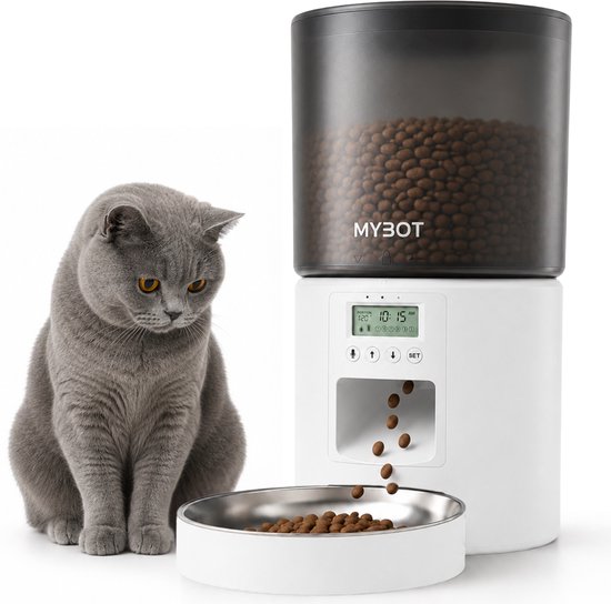 MYBOT Automatische Voerbak - Kat en Hond - Voerautomaat 4L - Met RVS Voerbak en Spraakopname - Voor Droogvoer - Wit - P2