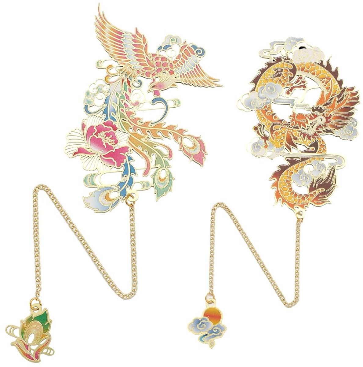 Dailygoods- Bladwijzers Messing - 2 Stuks - Chinese Draak/Phoenix - Vintage Boekenleggers - 8,6 inch - Decoratieve Label Hanger