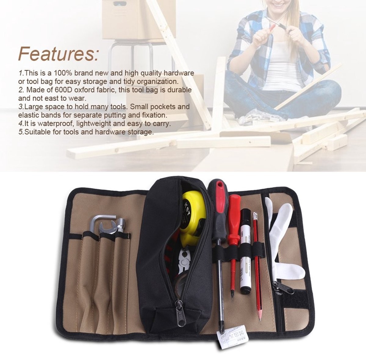 Dailygoods - Duurzaam gereedschapstas - Waterdicht canvas - 36 x 25 cm - Gereedschap organizer - Geschikt voor elektriciens en houtbewerkers