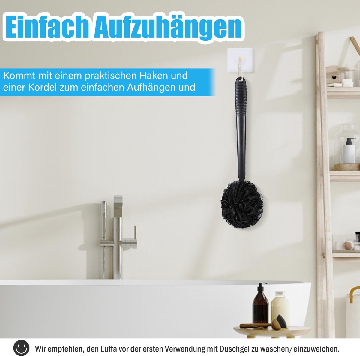 Loofah-sponsset Douche-poef, 43 cm antislip plastic lange steel Loofah-lichaamsschrobber met exfoliërende douchespons, PE zachte mesh badspons Luffa-Zwart