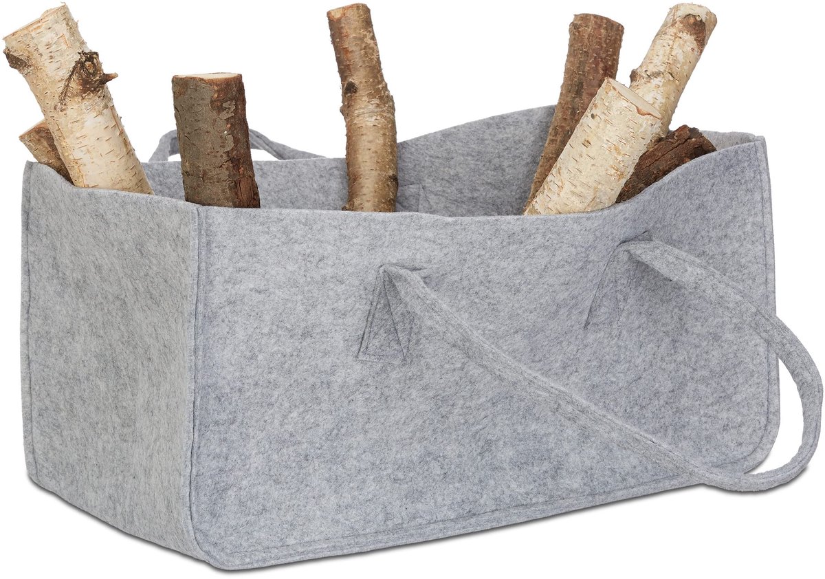 4x houtmand vilt, opvouwbaar, 27 liter, HxBxD: 25 x 25 x 50 cm, haardhout tas, draagtas, vilttas, opbergmand, grijs