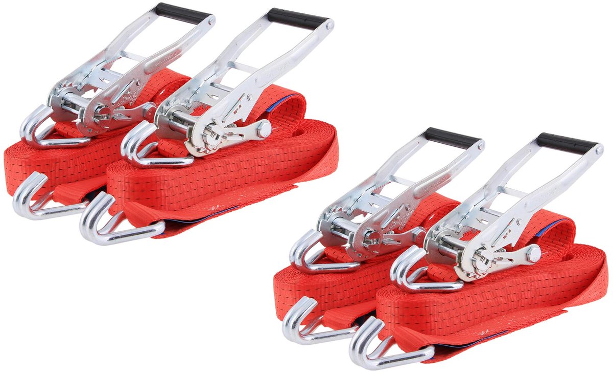 4 x professionele spanbanden, 8 meter (8 m lang), rood, sjorbanden, ratelriemen met TÜV G/S-keurmerk, tweedelige spanband met ratel, J-haak, belastbaar tot 5000 kg, volgens DIN EN 12195-2,