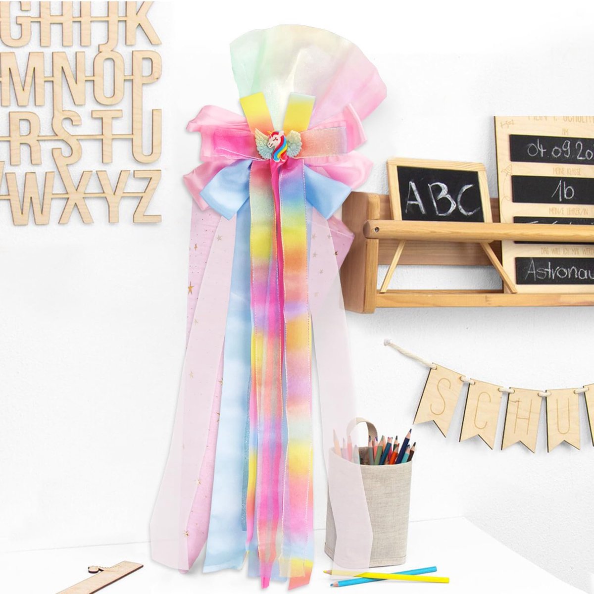 strik zeemeermin strik schoolkegel knutselset suikerkegel strik voor meisjes - 65×20cm terug naar school decoratie (Unicorn-colorful)