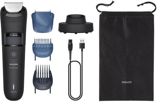 Philips baardtrimmer 5000 Series met accessoires: oplaadstation, 2 opzetkammen, USB-kabel, etui.
