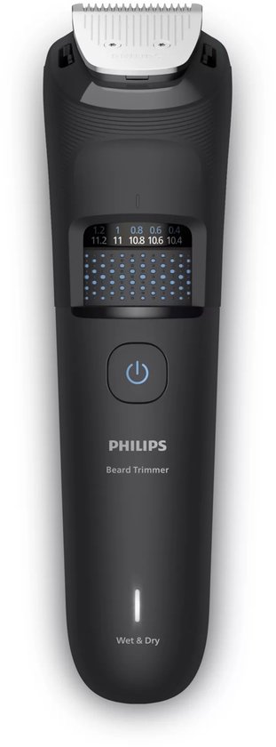 Zwarte Philips baardtrimmer met digitaal display en aan/uit-knop. "Wet & Dry" staat op de onderkant.