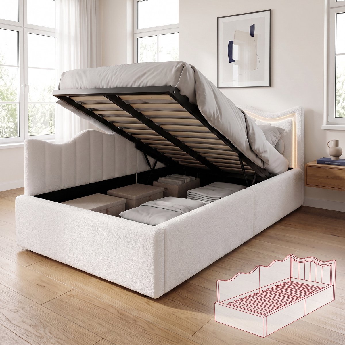 Mofor Gestoffeerd Opbergbed 90x200 cm - Eenpersoonsbed met LED en opbergruimte - Teddystof - Golvend design - Wit
