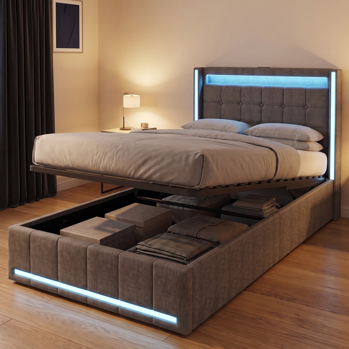 Mofor Gestoffeerd Opbergbed 90x200 cm - Hydraulisch Eenpersoonsbed met LED en USB - Linnen - Modern - Grijs