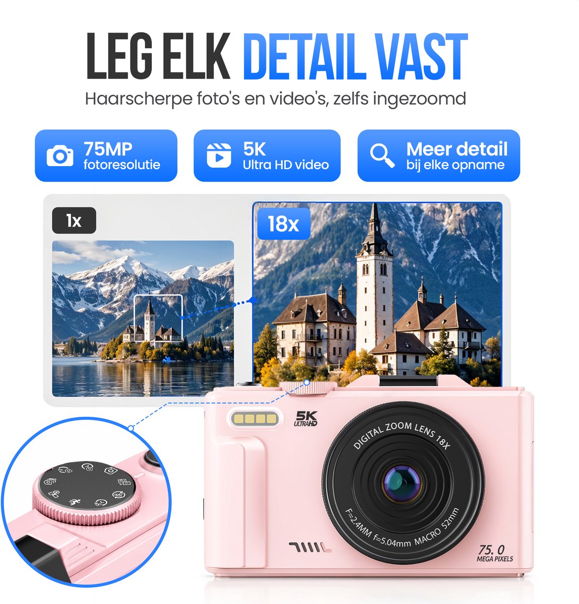 Strex Digitale Camera 5K 75MP - Fototoestel - 18x Zoom - Roze thumbnail 5