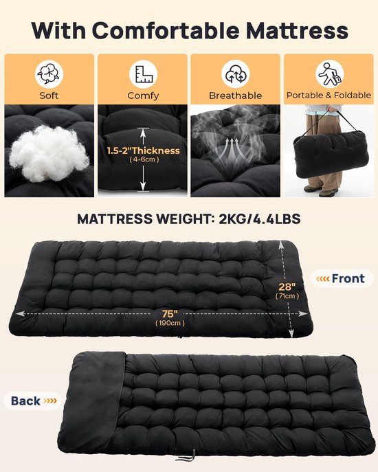 Campingbed Opvouwbaar met Matras - Extra Breed 75 cm - Draagvermogen 204 kg - Waterdicht Oxford Stof - 188 x 71 cm — afbeelding 3