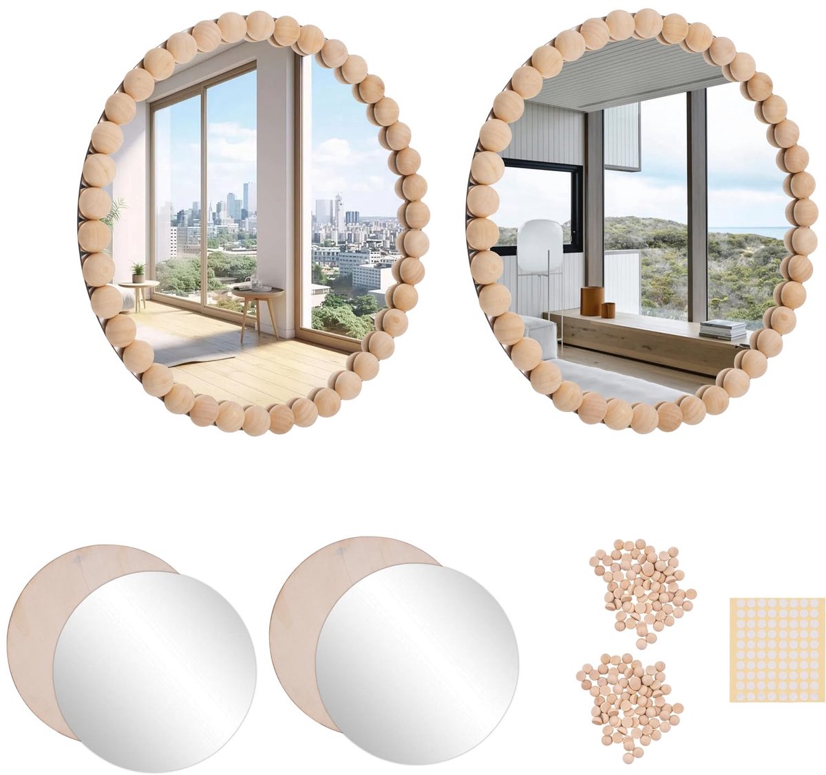 Wandspiegels, decoratieve spiegel met houten kralen, hangende decoraties, wandspiegel voor badkamer, woonkamer, slaapkamer, diameter 20 cm