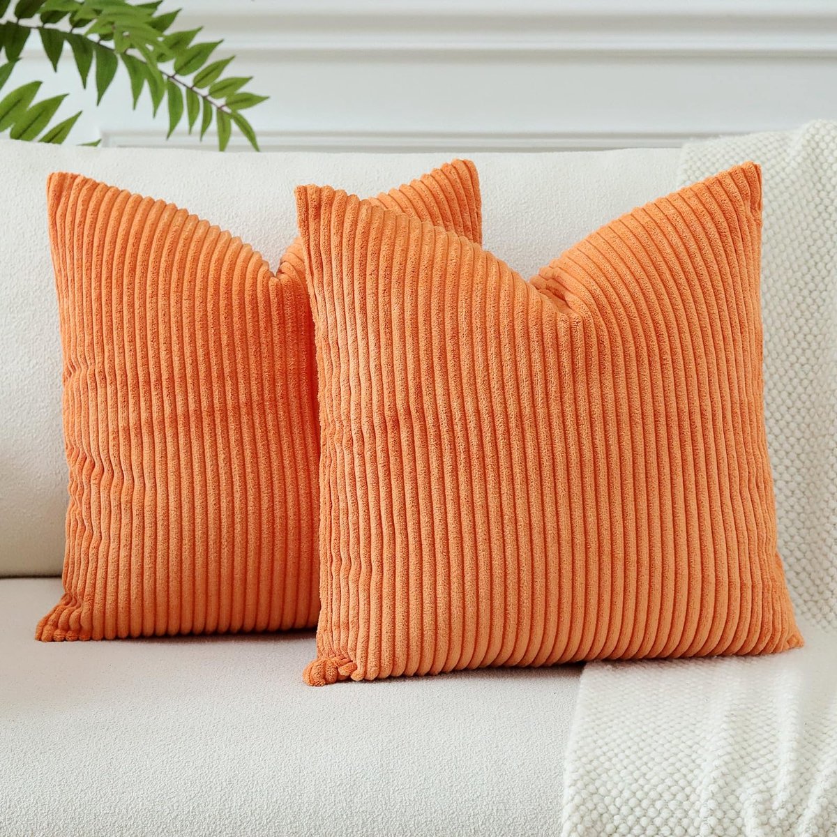 Set van 2 corduroy zachte gestreepte kussenslopen 45x45 cm, boho, decoratieve sierkussenslopen, vierkante kussenslopen voor bank sofa slaapkamer stoel woondecoratie, 18x18 inch (oranje)