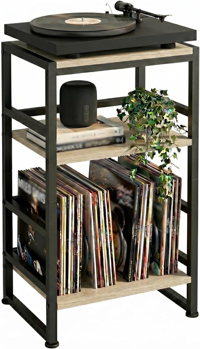 SNJY® Platenspeler Meubel - Platenspeler Kast - LP Houder - Platenhouder - 30D x 40B x 71H cm - Zwart/Eiken