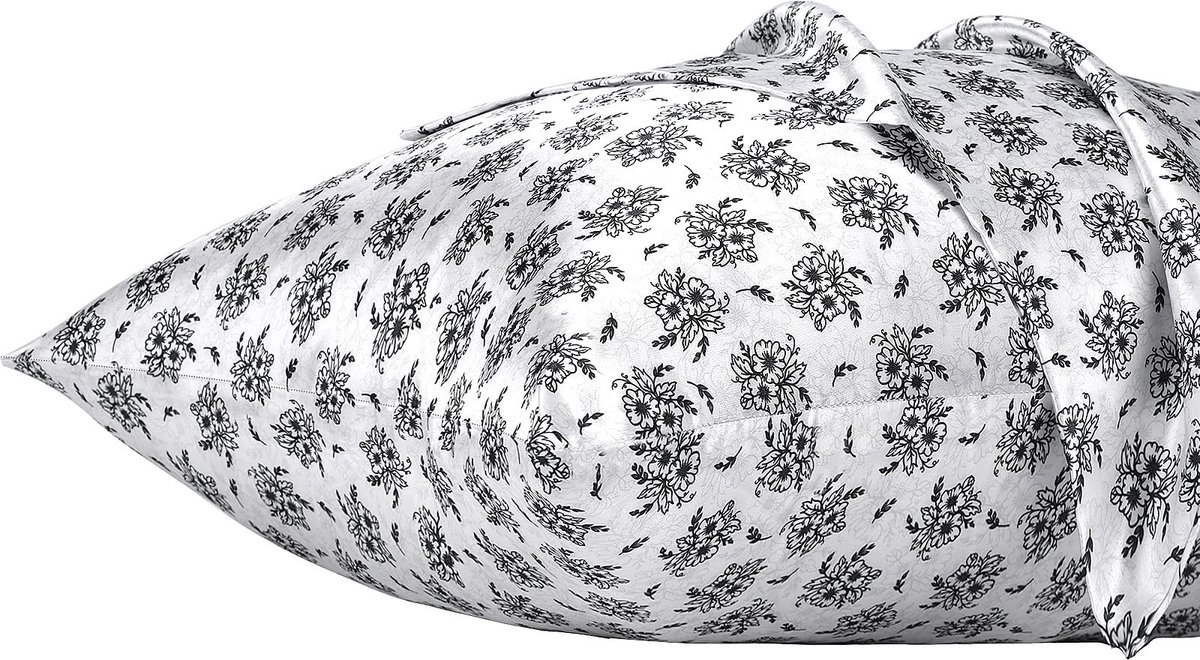 Kussenhoes met Rits, Polyester Satijnen Kussenhoes voor Haar, Gladde Bloemenprint met Zwart Bloemen, 40 x 80 cm