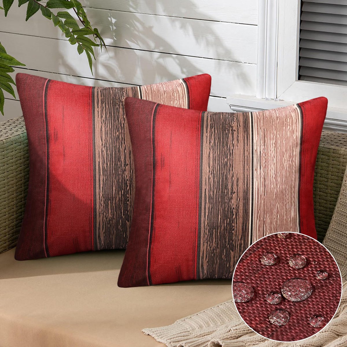 Set van 2 kussenslopen, 45 x 45 cm, ombre, rood, bruin, hout, linnenlook, strepen, kussensloop, outdoor, waterdicht, sierkussen, decoratie, sofakussen, decoratief voor bank, balkon, patio, tuin, outdo