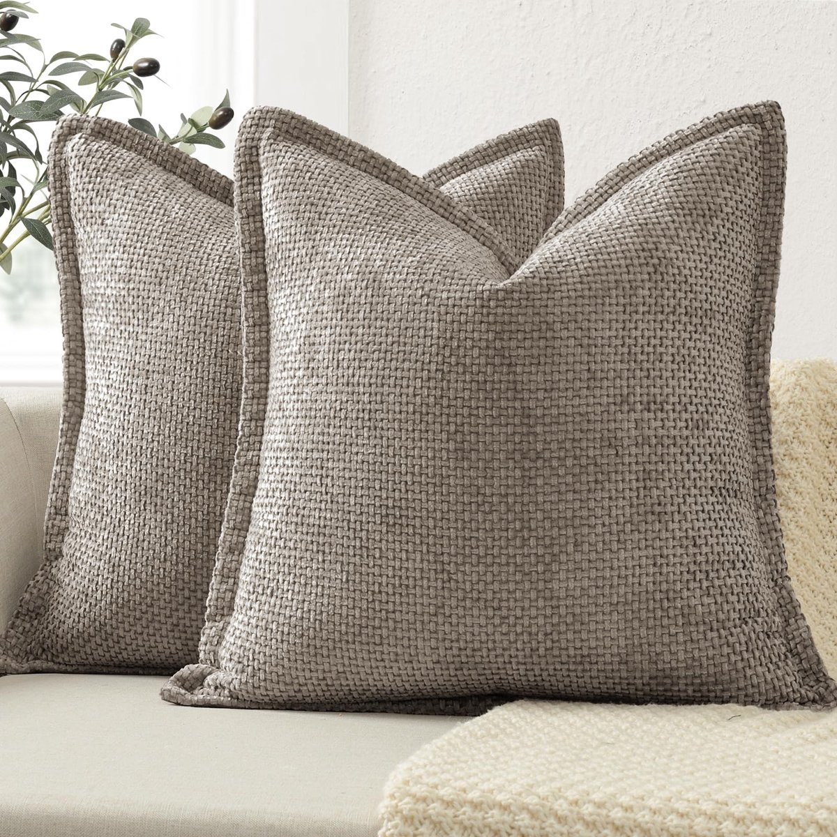 Set van 2 Kussenhoezen 40x60 CM met Decoratieve Rand, Khaki Chenille Kussenhoezen, Sierkussens voor Bank, Bed en Woonkamer, Woondecoratie, Luxe Kussenhoezen