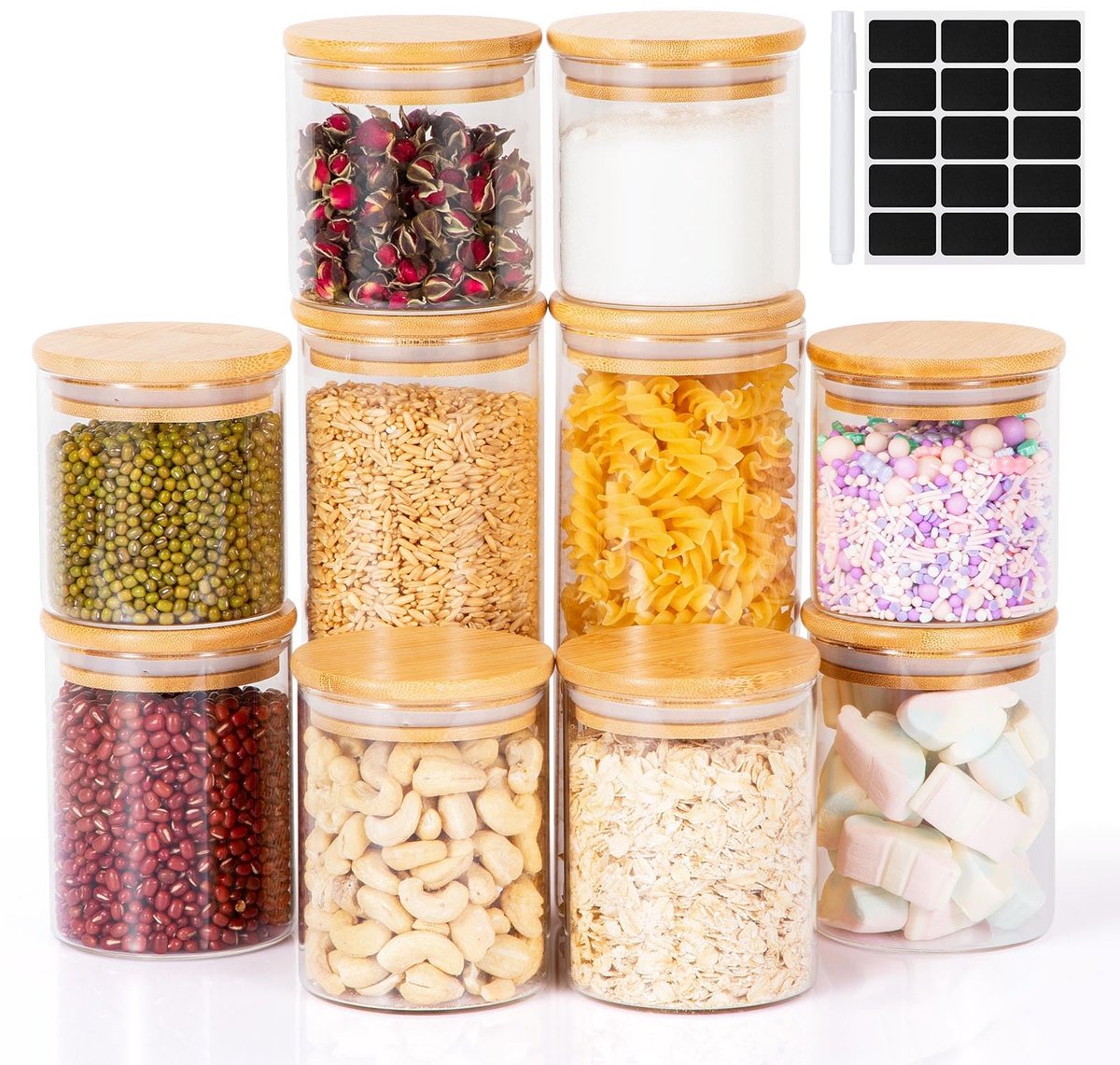 Set van 10 voorraadpotten met deksel en etiketten, glazen container, houten deksel, luchtdicht voor cornflakes, muesli, bonen