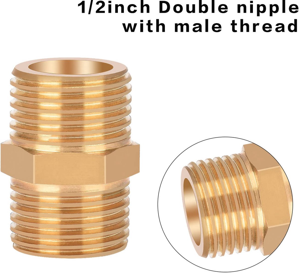 nippel 1/2 inch messing buitendraad, nutmanel messing dubbele nippel met zeskant AG/AG 2 stuks voor buisverbinding