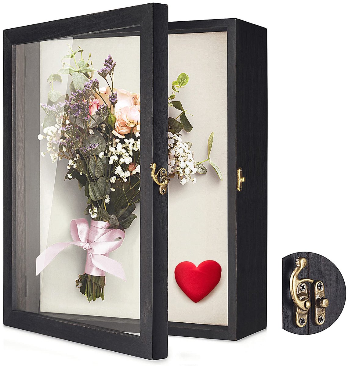Bloemen Shadow Box Display Case11"x14" (35 x 28 x6cm), groot schaduwbox frame met glazen raamdeur bruiloft boeket medailles foto's geheugenbox voor aandenken - rustiek zwart