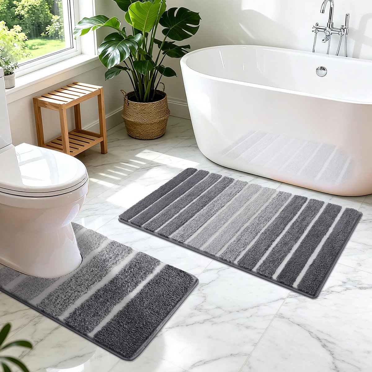 Grijze badkamermatten sets 2-delige antislip absorberende badmatset zachte toiletmatten machine wasbaar badkamertapijt voetstuk matten voor toilet, 45 x 65 + 50 x 60 cm