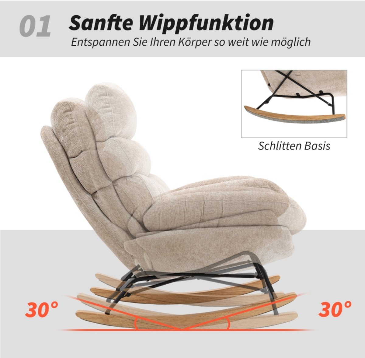HAUSS SPOLE Gepolsterde Schommelstoel Met Armleuningen - Comfortabele Fauteuil Voor Woonkamer En Leeshoek - Stof - Cremewit crèmewit