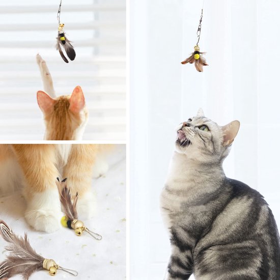 Kattenveer Hengel - 9-delige set insectvormige kattenveerspeeltjes, 1 uitschuifbare stok en 8 verenvullingen met belletjes, interactief speelgoed voor katten voor binnenshuis om te spelen en — afbeelding 4