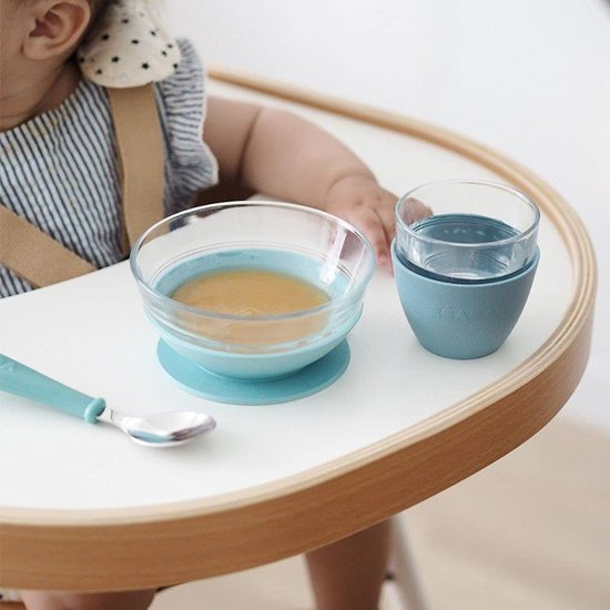 Voedingsmaaltijdset - Set van 3 stuks: bord + kom + beker - met siliconen zuignap - ergonomisch aanpasbaar veilig - Baby en kinderen - Made in France - Groen. van Kindsgut — afbeelding 5