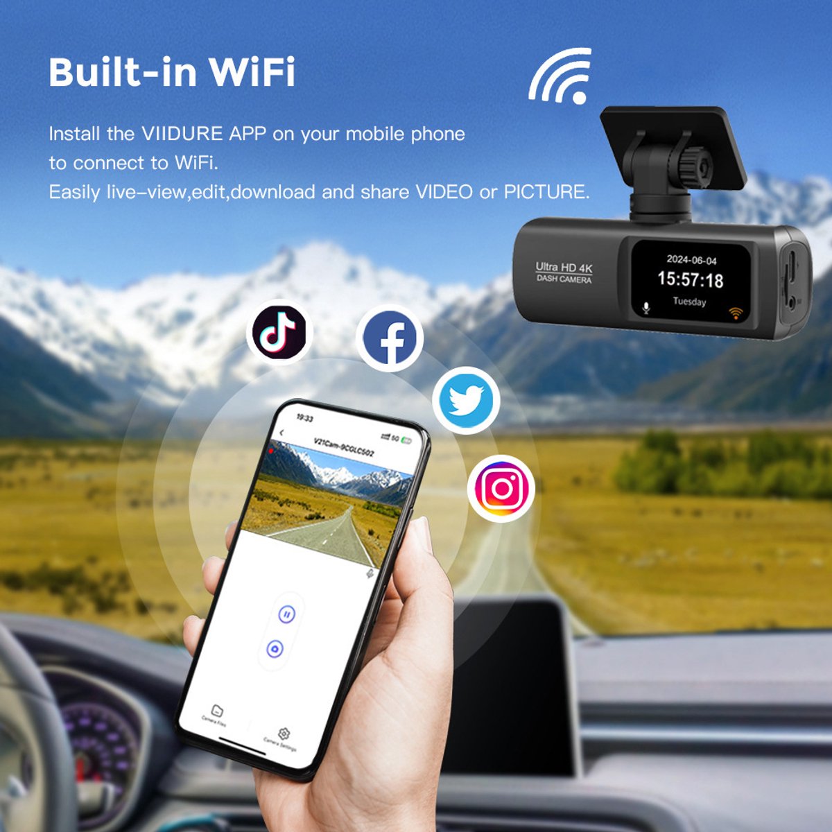 Namajunas - Dashcam voor auto voor en achter - 4K+1080P, WiFi, HDR nachtzicht thumbnail 5