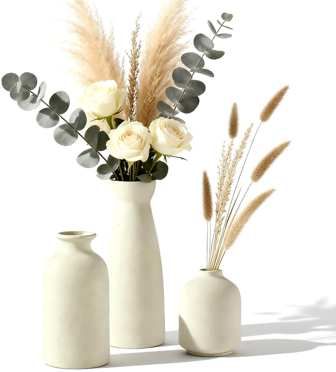 Home Keramische vazen, set van 3 kleine vaas voor pampasgras en droogbloem, moderne tafeldecoratie, vazen voor woondecoratie, tafel, entree (beige)