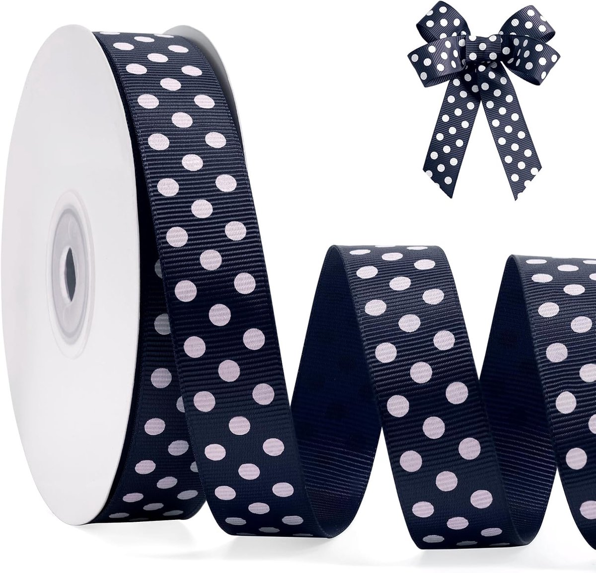 Lint met stippen, 9,5 cm, 25 meter spoel marineblauw en witte stippen, knutsellint voor geschenkverpakking, Kerstmis, doe-het-zelf ambachten, haarstrikken, bruiloftsfeest, decoratie